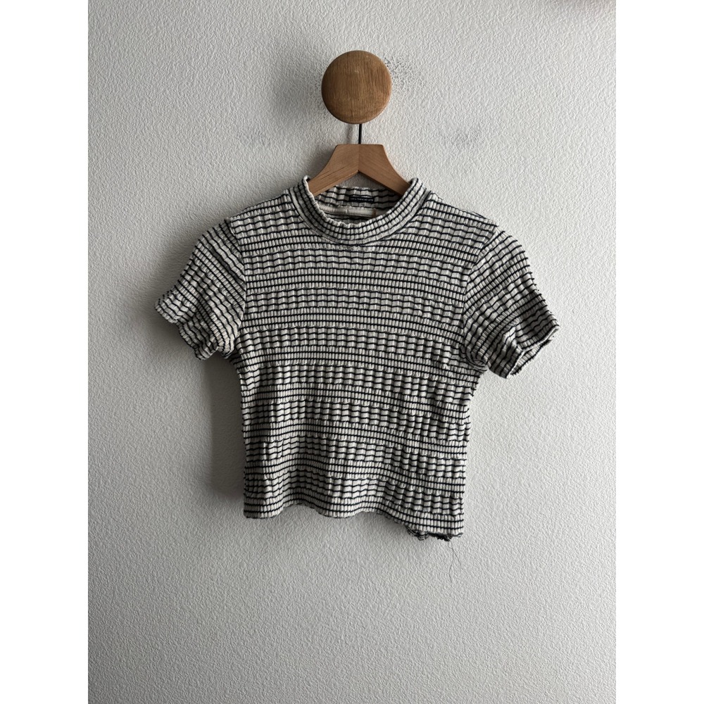 Mother Striped Knit Mock Neck Short Sleeve Cropped Smocked Top *FLAW*